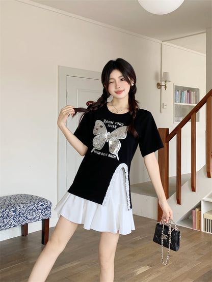 絶対欲しい キュート 超人気 ピンク プリント スパンコール 3色選択 半袖Tシャツ＜U-8570＞