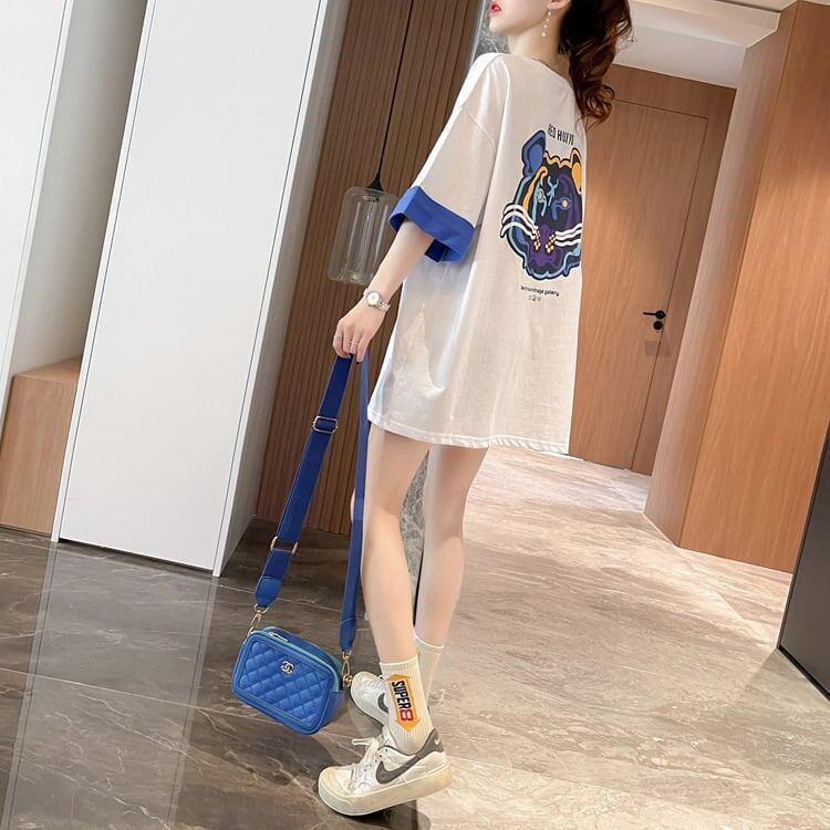 韓国系 ドロップショルダープリント ラウンドネック ロング Tシャツ 三色 ゆったり半袖＜U-3011＞