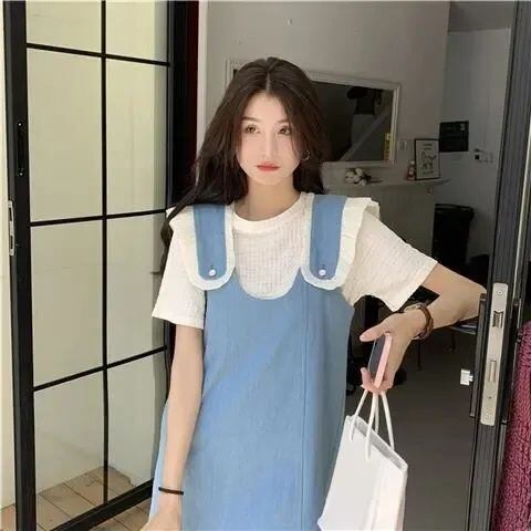 美人度アップ デニム 大人可愛い 全2色 半袖Tシャツ+サスペンダースカート セット<U-8782>