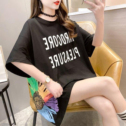 おすすめ アルファベット 花柄 Tシャツ 三色 ゆったり ロング 半袖 ＜U-2946＞