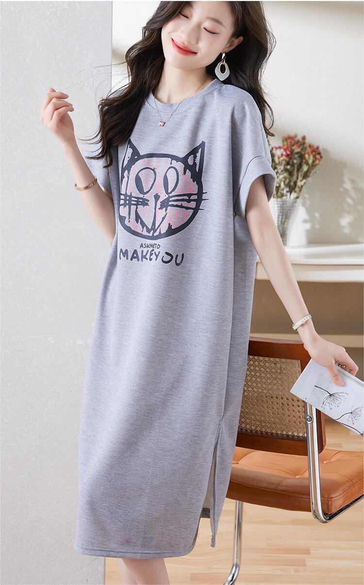 新しいカジュアルな猫プリント シャツ T ドレス<U-5037>