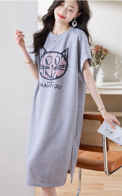 新しいカジュアルな猫プリント シャツ T ドレス<U-5037>