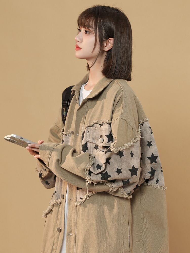 大注目 星柄 ダメージ加工 デニムジャケット 全2色ゆったりコート<U-4797>