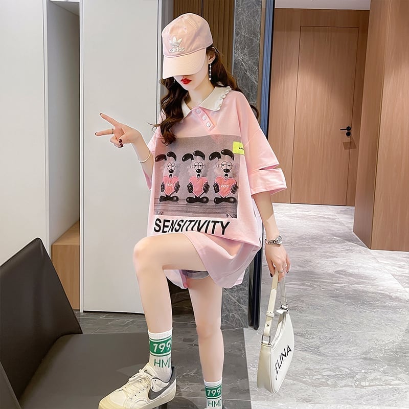 夏新作 アルファベットプリント POLOネック ロング Tシャツ ゆったりワンピース ＜U-3038＞