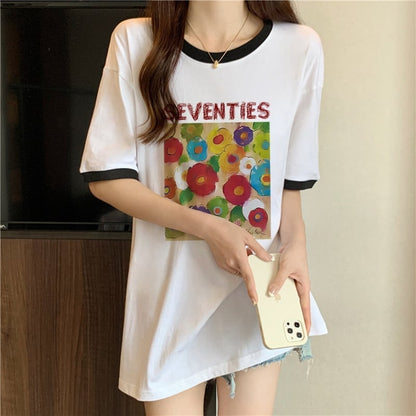 着?せ 配色 プリント ロング Tシャツ 四色 ゆったり半袖 ＜U-3019＞