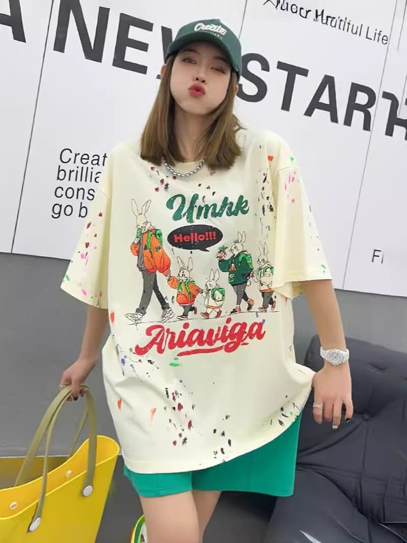 早い者勝ち キュート ファッション ルーズ 落書き風 プリント半袖Tシャツ 全3色<U-4913>