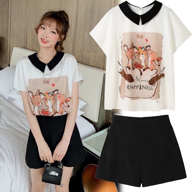 美人度アップ シフォン スウィート 半袖 Tシャツ ショートパンツ セットアップ ＜U-9234＞
