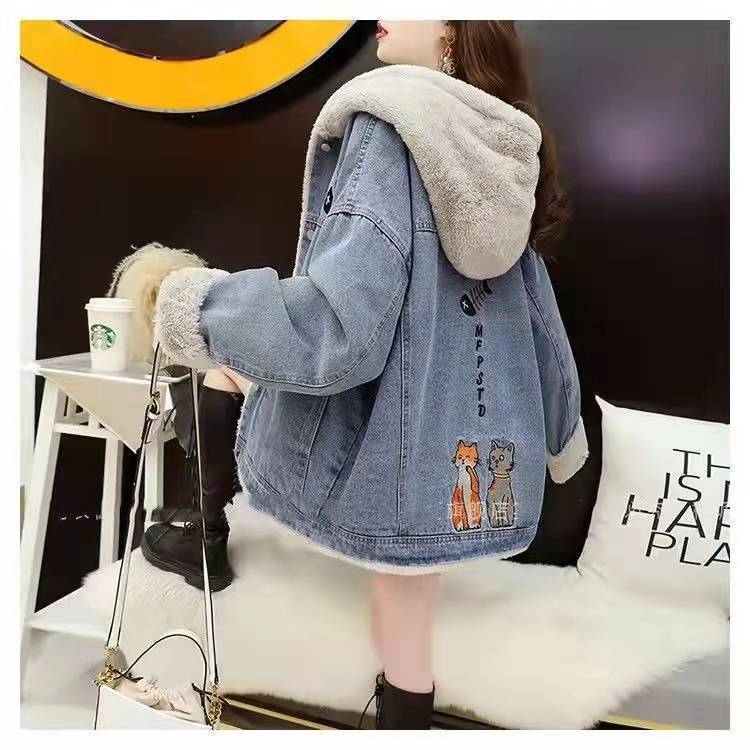 もこもこ裏起毛デニムジャケット厚手アルファベットロゴコート<U-4441>