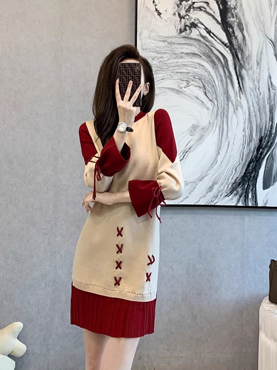 話題沸騰中 オシャレ 都市ファッショ デザイン 切り替え 2色選択可 ニットワンピース <U-9722>