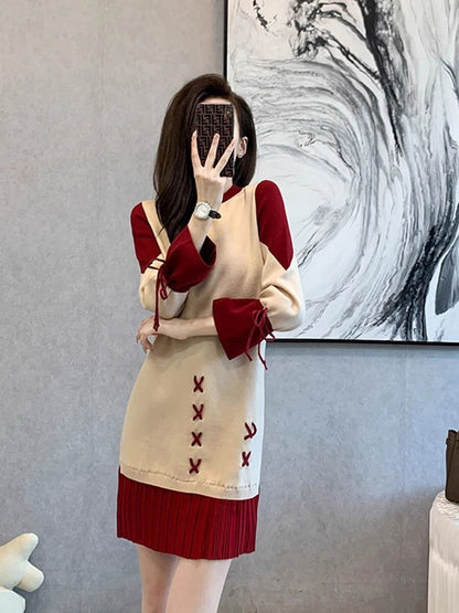 話題沸騰中 オシャレ 都市ファッショ デザイン 切り替え 2色選択可 ニットワンピース <U-9722>