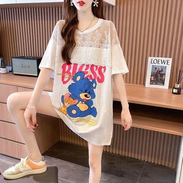 ファッションデザインレースミドル丈半袖Tシャツ<U-3017>