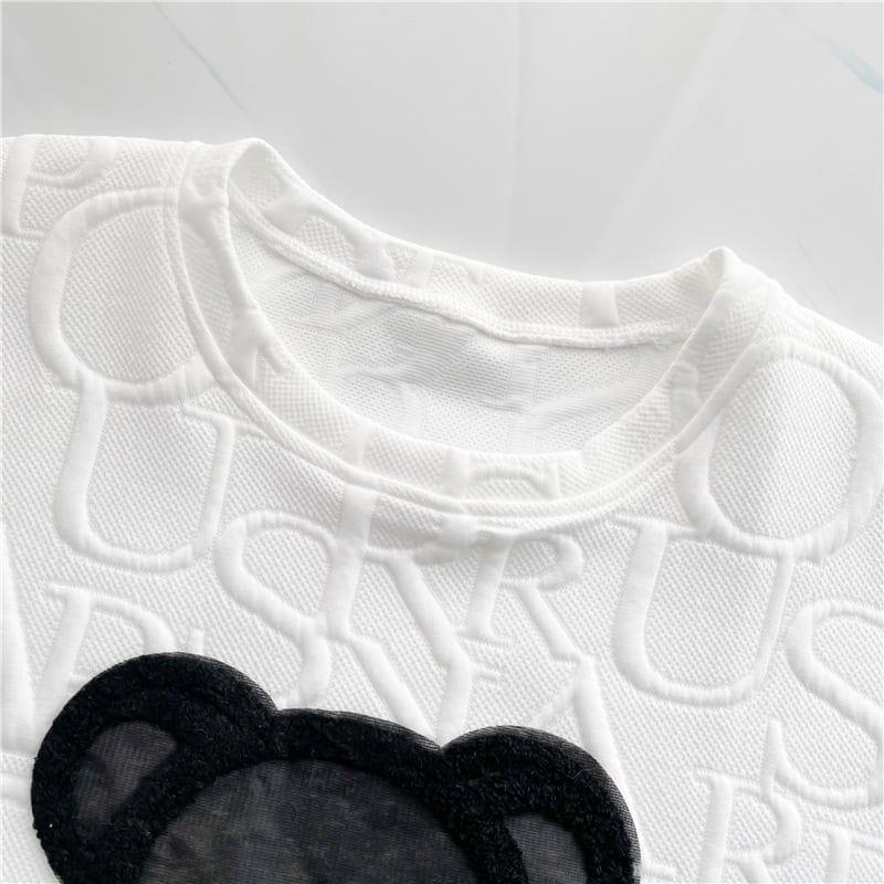 熊柄ゆったりラウンドネックカジュアルTシャツ  ホワイト/ブラック ＜U-1755＞