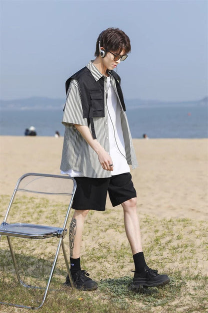 絶対流行 レイヤード風 早い者勝ち 切り替え ストライプ柄 全3色 半袖Tシャツ<U-9048>
