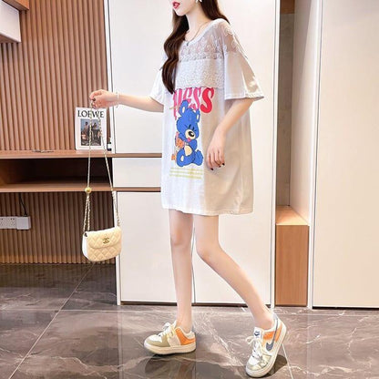 ファッションデザインレースミドル丈半袖Tシャツ<U-3017>