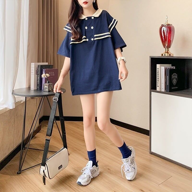 絶対欲しい ロング セーラーカラー Tシャツ 三色 ゆったりワンピース＜U-4028＞