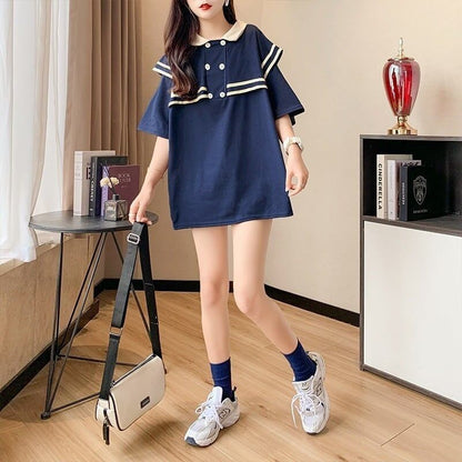 絶対欲しい ロング セーラーカラー Tシャツ 三色 ゆったりワンピース＜U-4028＞