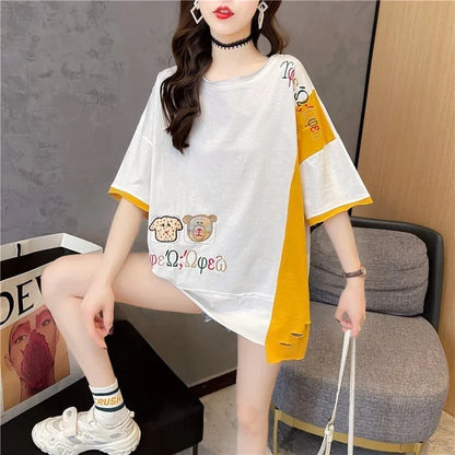韓国風漫画刺繍ワッペン半袖Tシャツ<U-2991>