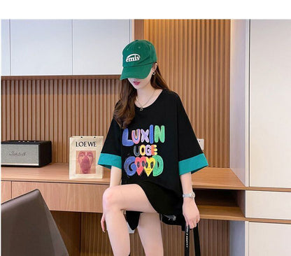 絶対欲しい プリント ラウンドネック 切り替え 全2色 半袖Tシャツ ＜U-8672＞