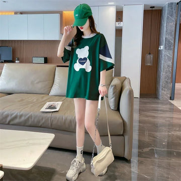 カジュアルルーズワッペン刺繍ステッチカラーブロック半袖Tシャツ<U-2870>