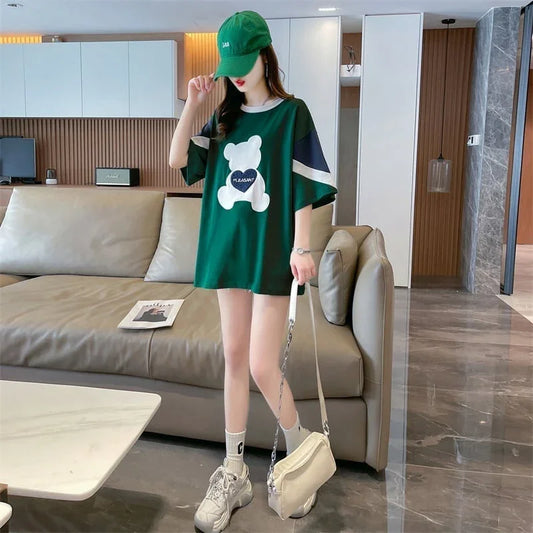 カジュアルルーズワッペン刺繍ステッチカラーブロック半袖Tシャツ<U-2870>
