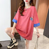 韓国系 ドロップショルダープリント ラウンドネック ロング Tシャツ 三色 ゆったり半袖＜U-3011＞