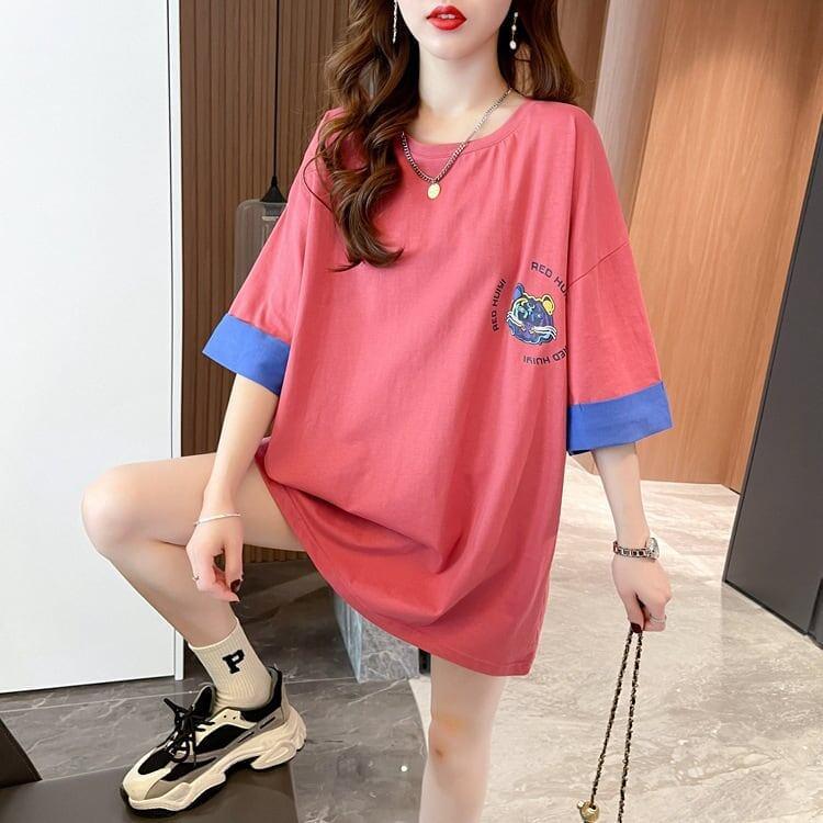 韓国系 ドロップショルダープリント ラウンドネック ロング Tシャツ 三色 ゆったり半袖＜U-3011＞