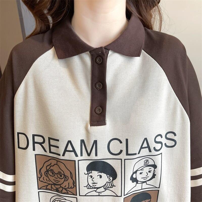 早い者勝ち グラフィック POLOネック プリント ロング ラグランTシャツ ゆったりワンピース＜U-4027＞
