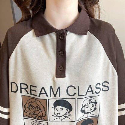 早い者勝ち グラフィック POLOネック プリント ロング ラグランTシャツ ゆったりワンピース＜U-4027＞