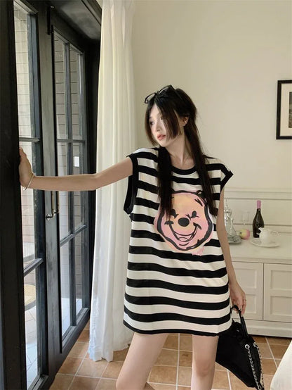 おしゃれ度アップ ノースリーブ ストライプ柄 ロング Tシャツ ゆったり ワンピース＜U-2977＞