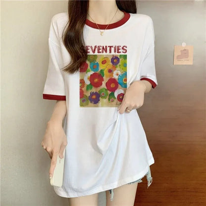 着せ 配色 プリント ロング Tシャツ 四色 ゆったり半袖 ＜U-3019＞