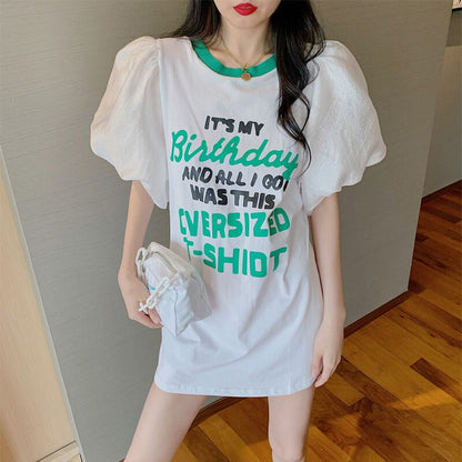 話題沸騰中 パフスリーブ ファッション プリント 全2色 半袖 Tシャツ <U-8662>