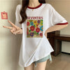 着?せ 配色 プリント ロング Tシャツ 四色 ゆったり半袖 ＜U-3019＞