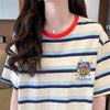 大人可愛い ストライプ柄 カジュアル 刺繍 半袖Tシャツ カットソー ＜U-8571＞