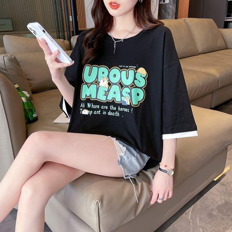 新作 プリントTシャツ ロング アルファベット オーバーサイズ＜U-2808＞