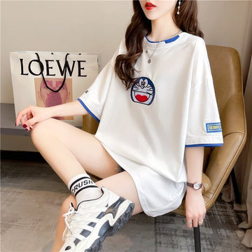 韓国系 ドロップショルダー 刺? レイヤードTシャツ ゆったり半袖 ＜U-3053＞