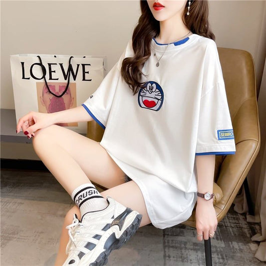 韓国系 ドロップショルダー 刺? レイヤードTシャツ ゆったり半袖 ＜U-3053＞