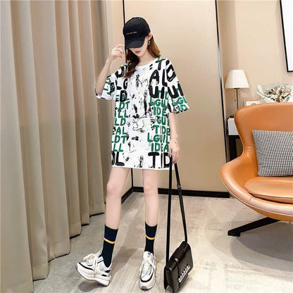 トレンディなルーズレタープリントのラウンドネックトップス<U-2908>