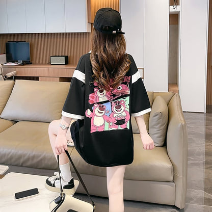 POLOネック 切り替え 熊柄 ロング プリント Tシャツ 二色 ゆったりワンピース ＜U-3020＞