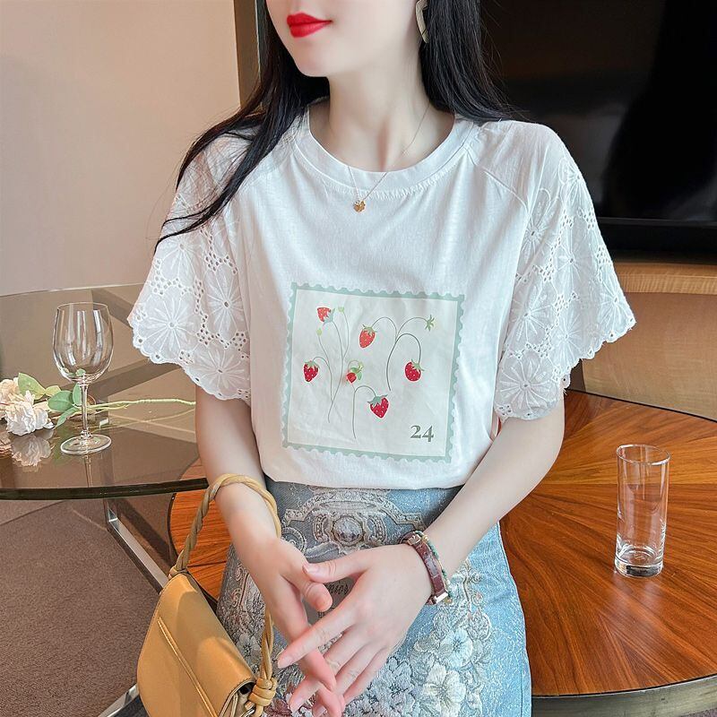 大好評 レース 上質 刺繍 切り替え 全2色 半袖Tシャツ＜U-8869＞