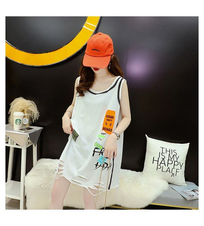 今季マストバイ ダメージ加工 デザイン性抜群 プリント全2色 ノースリーブ Tシャツ カットソー＜U-9141＞