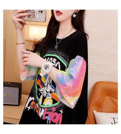 大好評 プリントTシャツ スパンコール切り替え ゆったり半袖＜U-2890＞
