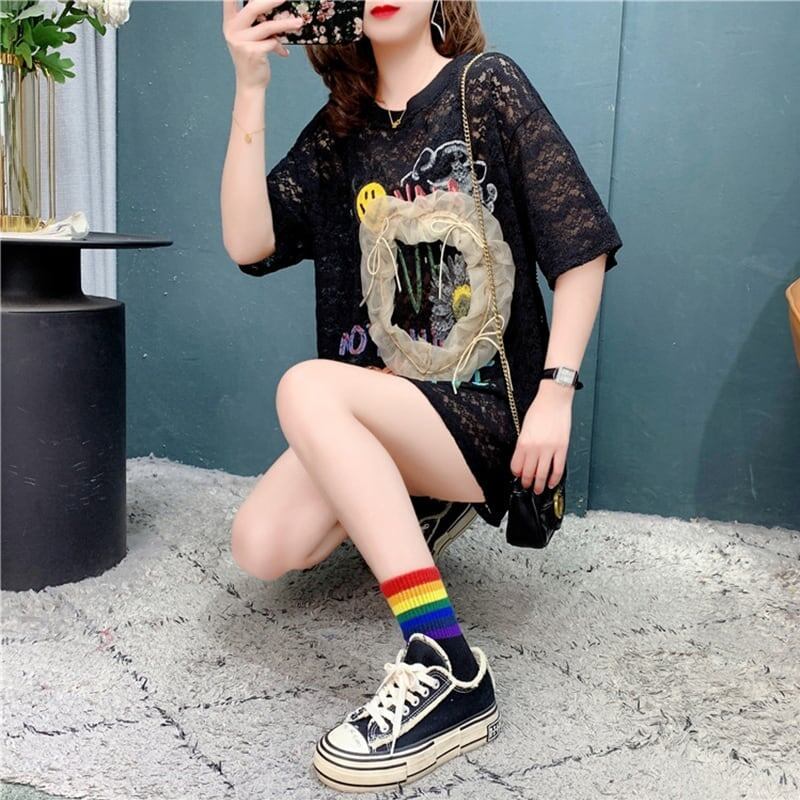 デザイン感 透かし彫り チャーミング プリント Tシャツ カットソー＜U-3199＞