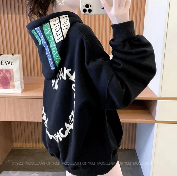 韓国系ハートマークプリントフード付きパーカー三色あり＜U-4143＞