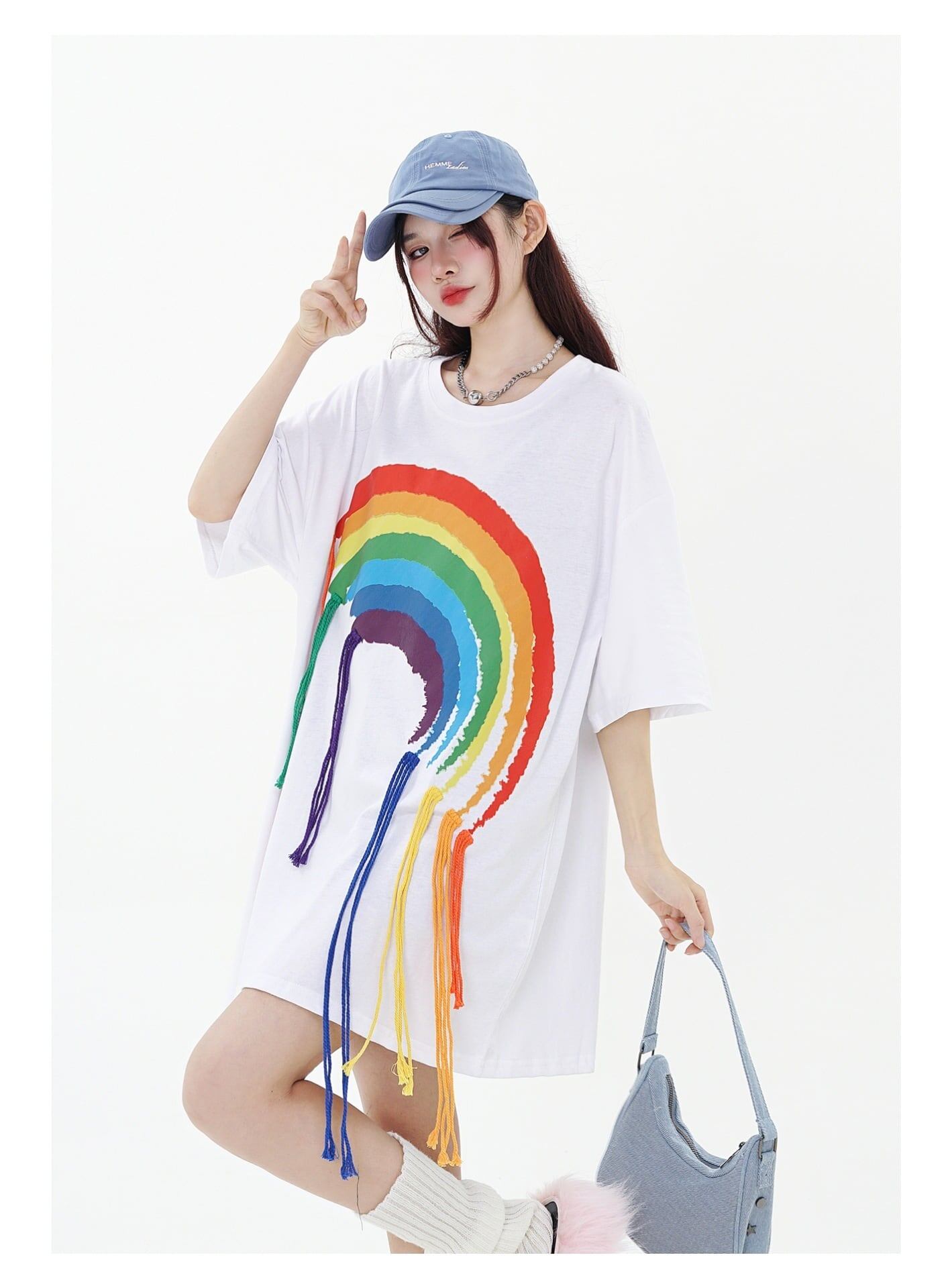 好感度UP 虹ロゴ タッセル ゆったり Tシャツ 全2色 ユニセックス半袖<U-4863>