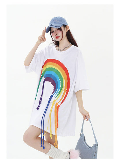好感度UP 虹ロゴ タッセル ゆったり Tシャツ 全2色 ユニセックス半袖<U-4863>