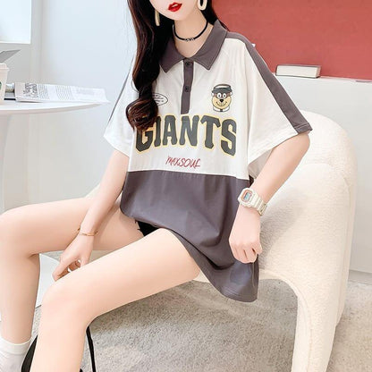 ファッションカジュアルネットレッドルーズポロカラー半袖Tシャツ<U-2856>