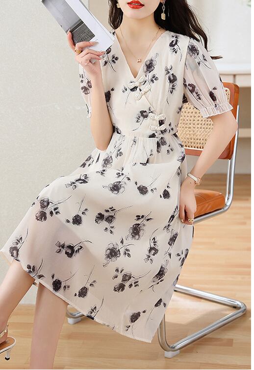 今季マストバイ シフォン ファッション 花柄 半袖ワンピース<U-8452>