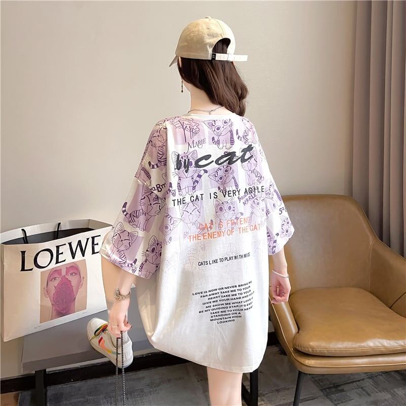 【半額！期間限定！！】大好評 プリント 猫柄 ロング Tシャツ 四色 ゆったりワンピース ＜U-4017＞