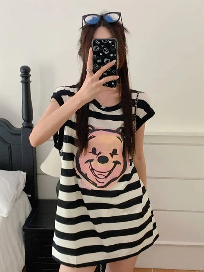 おしゃれ度アップ ノースリーブ ストライプ柄 ロング Tシャツ ゆったり ワンピース＜U-2977＞