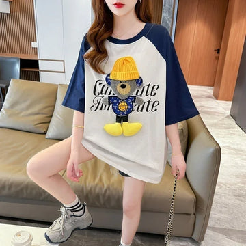 大注目 ラグランTシャツ カラーマッチング クマちゃん アルファベットプリント半袖 ＜U-2970＞